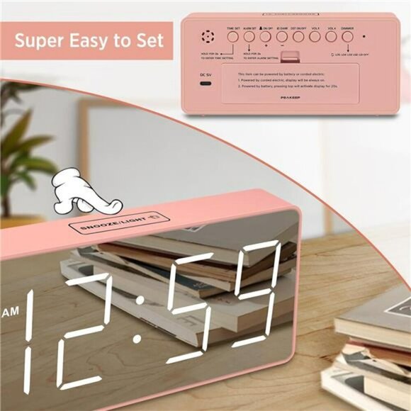 Peakeep Pink Digital Alarm Clock Loud Mirror Display Battery Backup Seniors - Picture 6 of 7